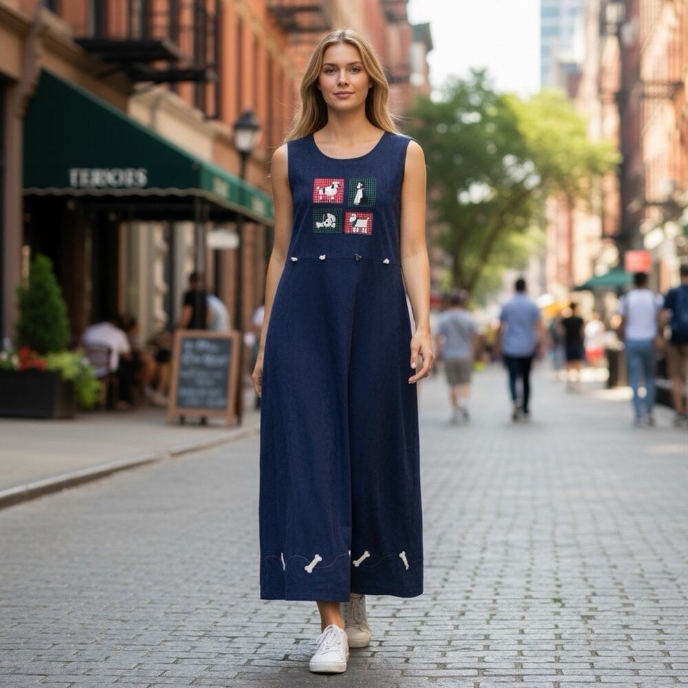 Vintage Bobbie Brooks Tank Dress Navy Dog‎ Granny Cottage Y2K Women's M